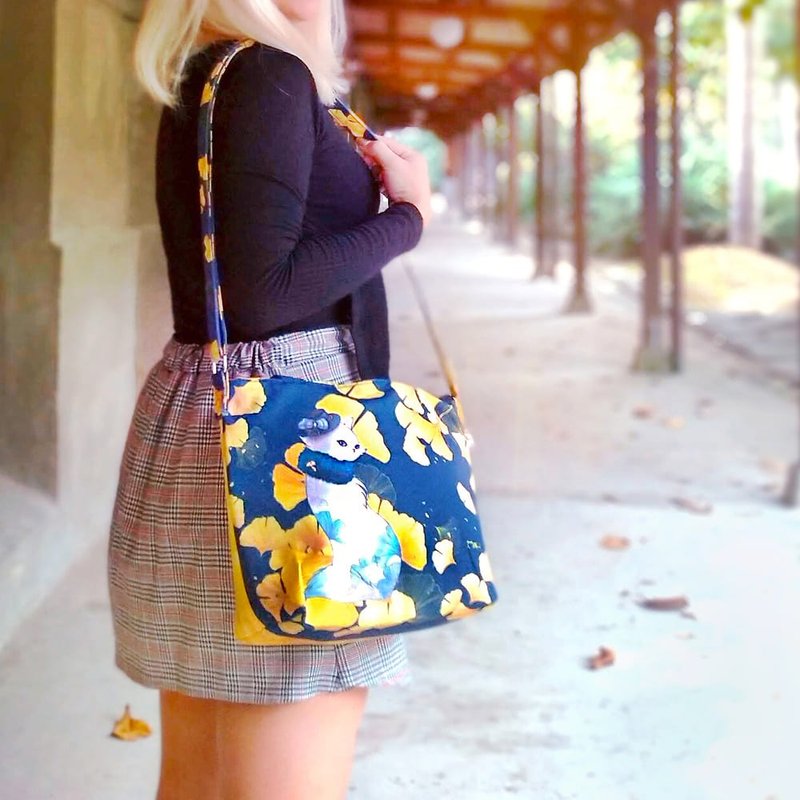 斜背包 | 肩背包 | 侧背包 - 澄黄银杏 • 优雅美人猫 - 侧背包/斜挎包 - 棉．麻 黄色