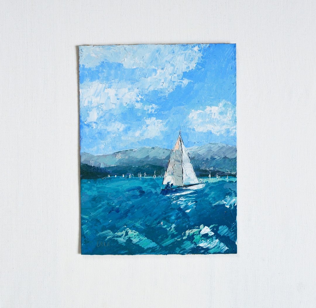 帆船画 海边画 原创艺术 油画 海景艺术 海 - 海报/装饰画/版画 - 其他材质 蓝色