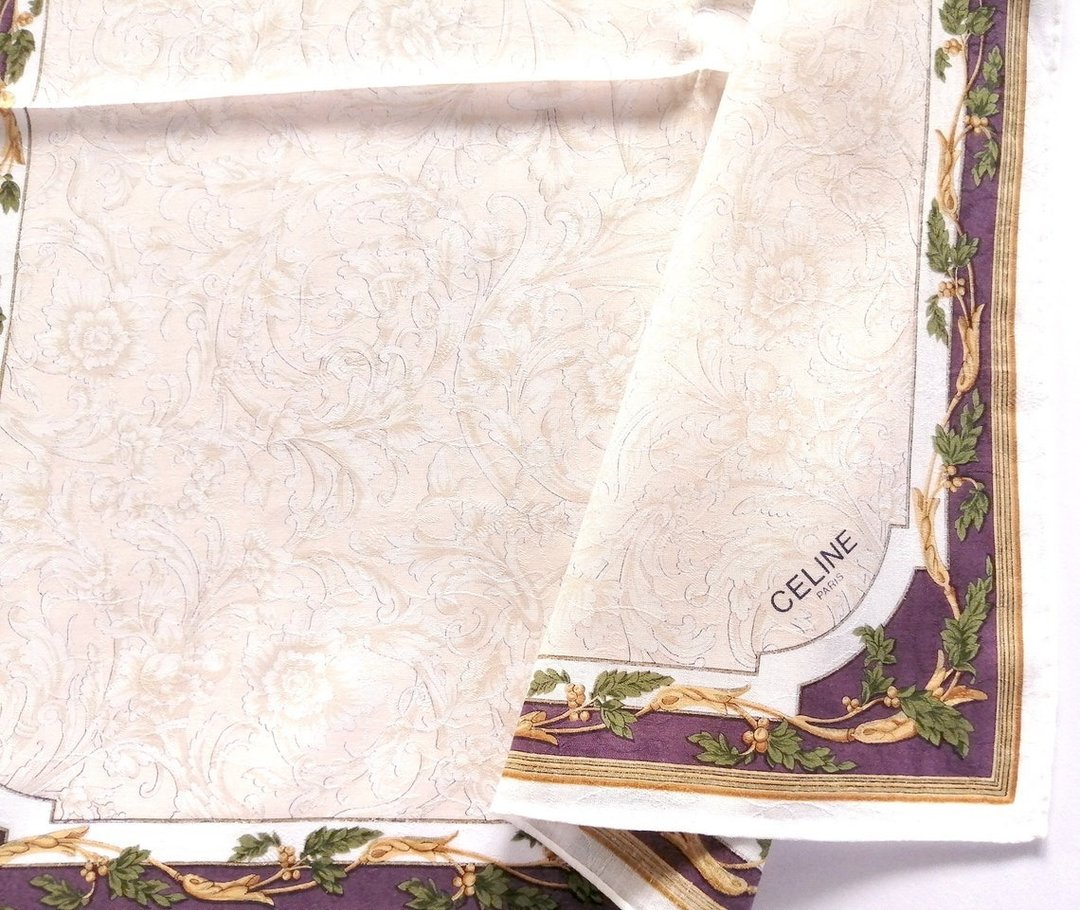 Celine Paris 古着手帕 花卉植物 口袋巾 20 x 20 英寸 - 手帕/方巾 - 棉 卡其色