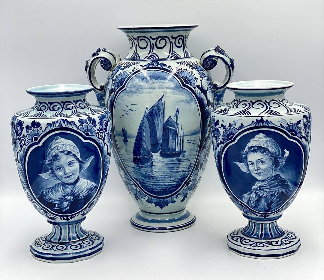 绝对古董蓝色花瓶 Delft Bonnie | 三件套手绘花瓶 - 花瓶/陶器 - 陶 蓝色