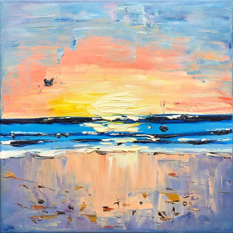 漁光島 Painting Original Art Seascape Artwork Sunset Wall Art Impasto Oil Painting - 海报/装饰画/版画 - 其他材质 蓝色