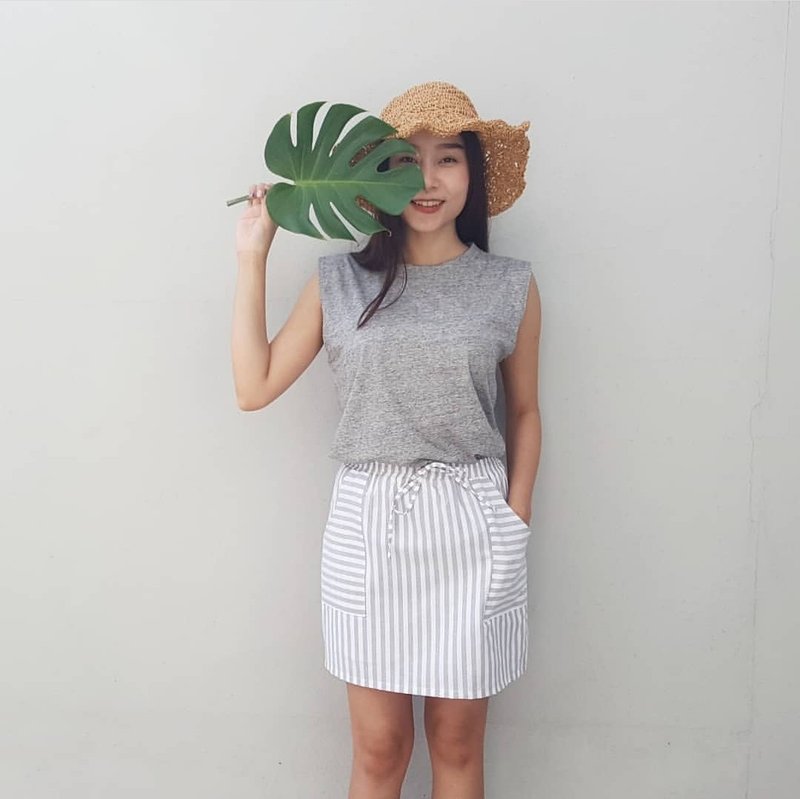 Cotton short skirt - Grey stripe - 裙子 - 棉．麻 灰色