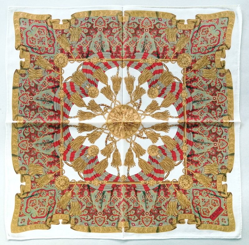 Celine 古董丝巾 - 头巾 装饰古典图纹 20.5 x 20 英寸 - 丝巾 - 棉．麻 红色