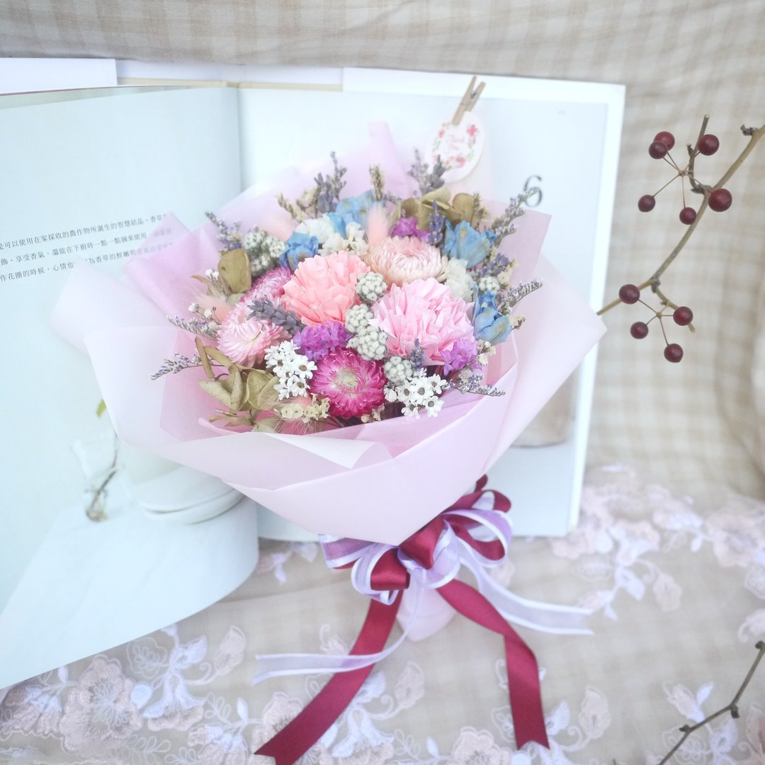 未完待续 | 母亲节限定 干燥花 中花束 康乃馨 附手工花卡片 - 植栽/盆栽 - 植物．花 粉红色