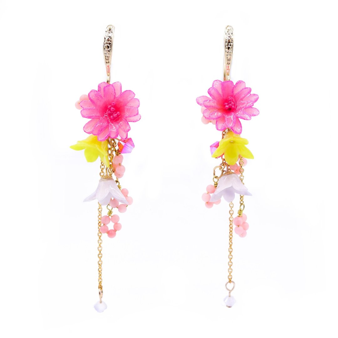 Zinnia : 手造树脂黏土花雨纯银耳环 - Pamycarie 手工制作饰品 - 耳环/耳夹 - 粘土 粉红色