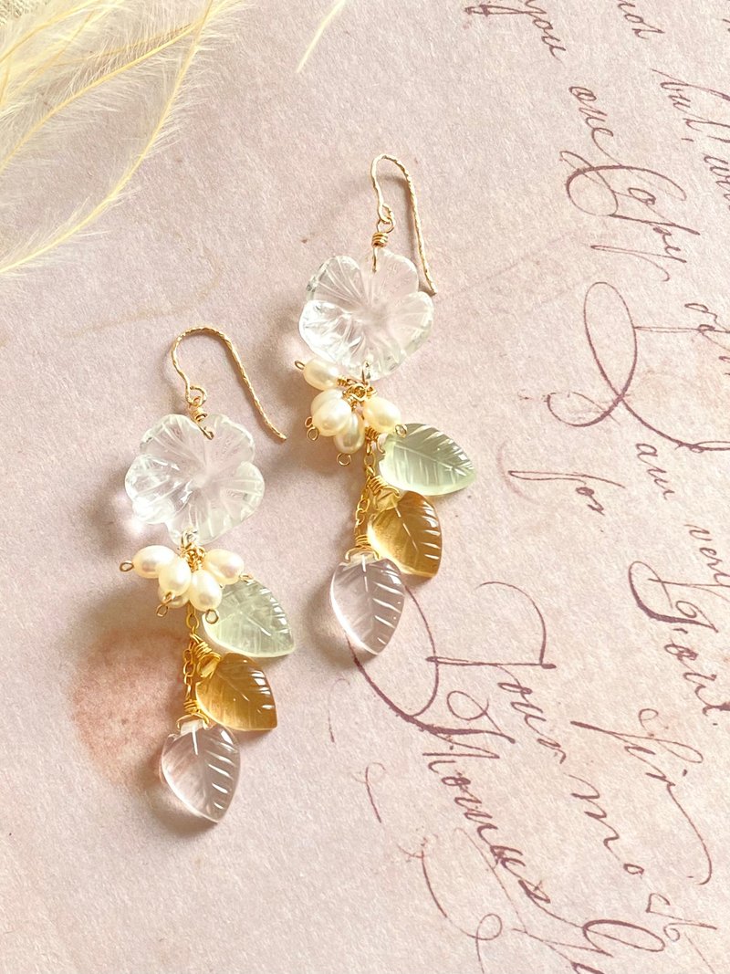 白水晶 葡萄石 黄水晶 粉晶 天然珍珠 || 14KGF 注金 耳环 - 耳环/耳夹 - 水晶 多色