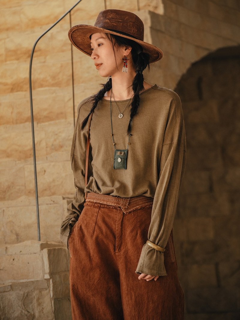 2顔色 油絲毛邊拼縫圓領上衣 寬松休閒落肩長袖T恤 - 女装 T 恤 - 棉．麻 绿色