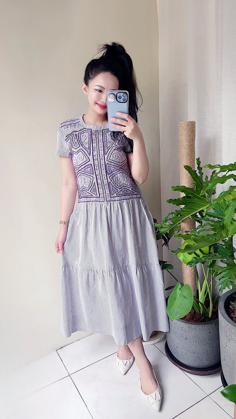 紫罗兰薄料棉质刺绣 蛋糕A字长裙洋装连身裙古着ドレスDress - 洋装/连衣裙 - 棉．麻 紫色