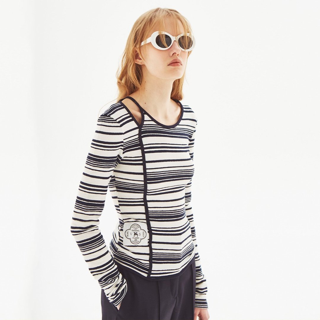 (LINE) Stripe Long Sleeve Slit Top - 女装 T 恤 - 棉 多色
