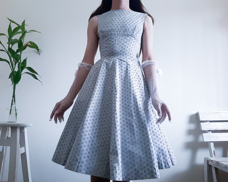 XXS - 复古 20 世纪 50 年代波尔卡圆点连衣裙全裙棉质连衣裙修身 - 洋装/连衣裙 - 棉．麻 灰色