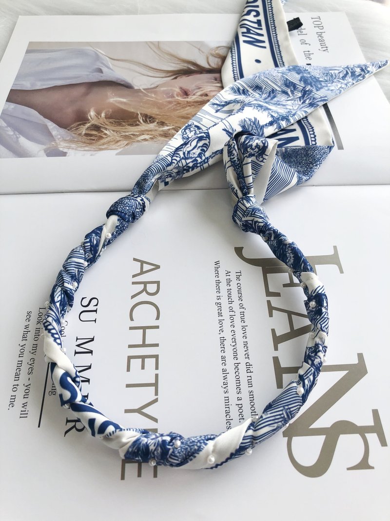 水墨图珍珠绑带发箍发饰头饰 - 发带/发箍 - 丝．绢 蓝色