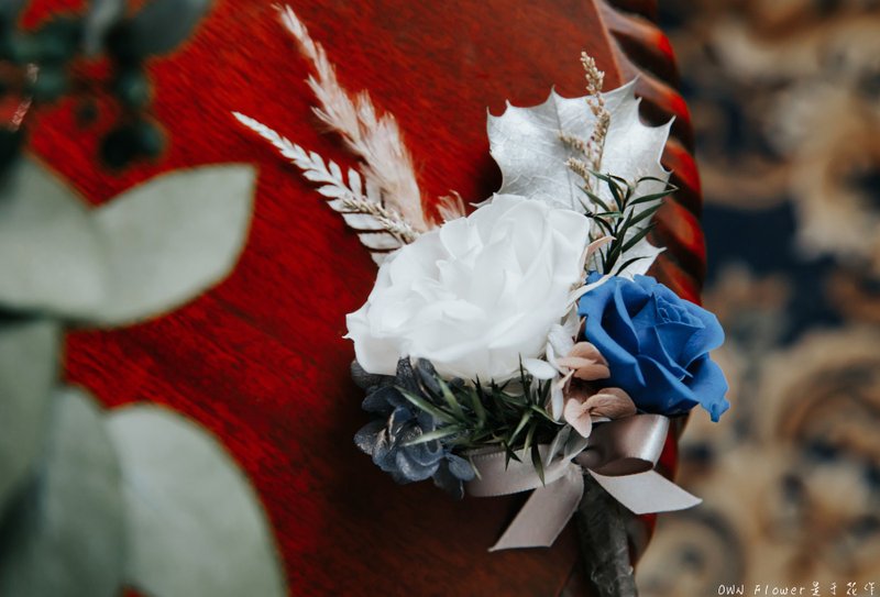 新郎永生胸花/新郎胸花/婚礼胸花/定制胸花/永生花/不凋花/胸花 - 干燥花/捧花 - 植物．花 银色