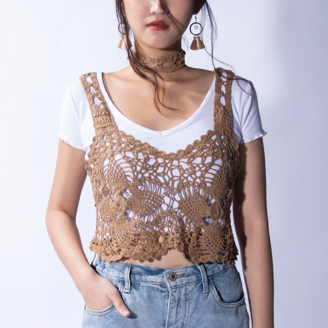 MIKKA Classic Collection | 波希米亚外搭吊带 手鈎镂空蕾丝 - 女装针织衫/毛衣 - 棉．麻 卡其色