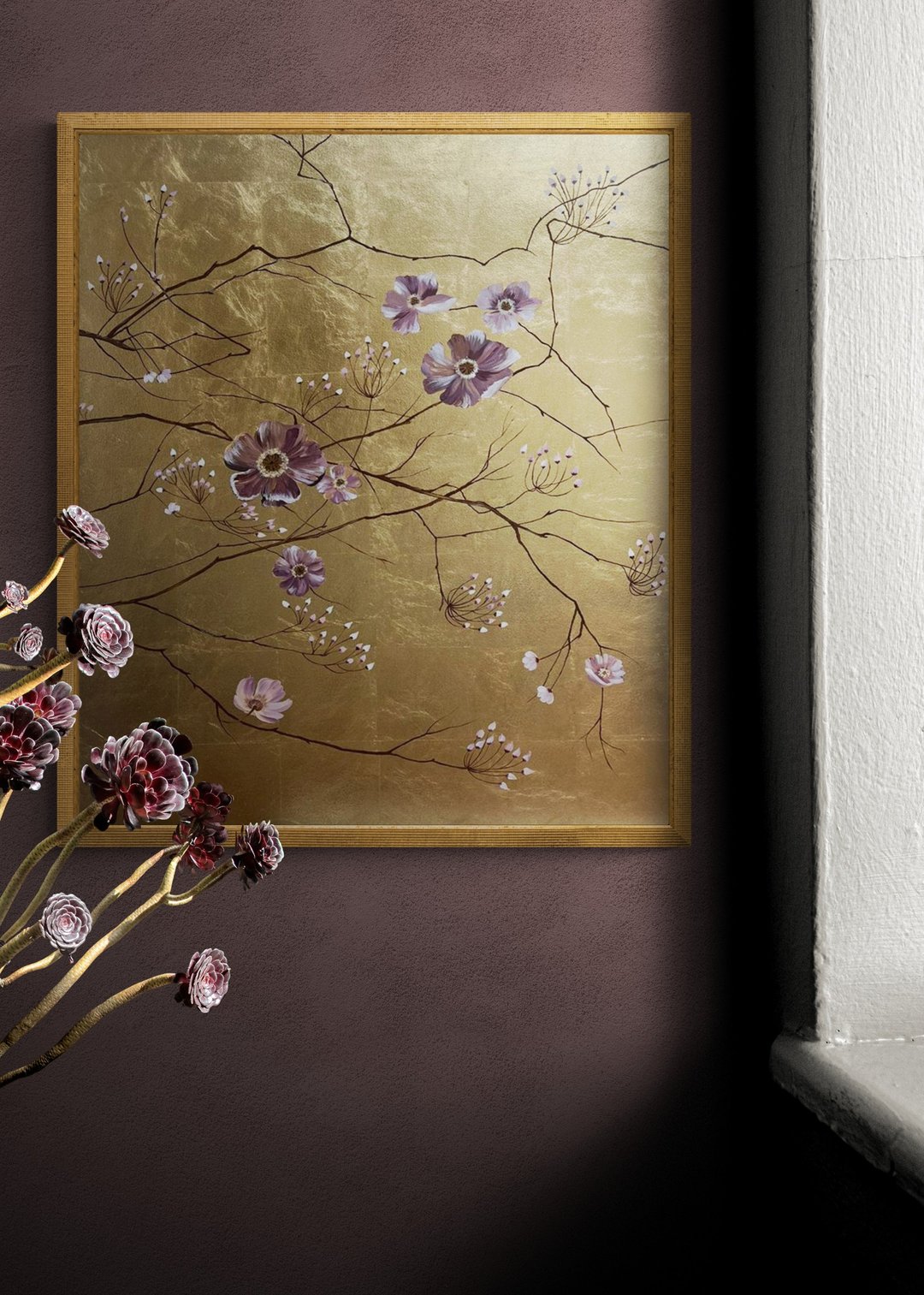 大型金箔墙艺术花卉画布画 - 墙贴/壁贴 - 棉 金色