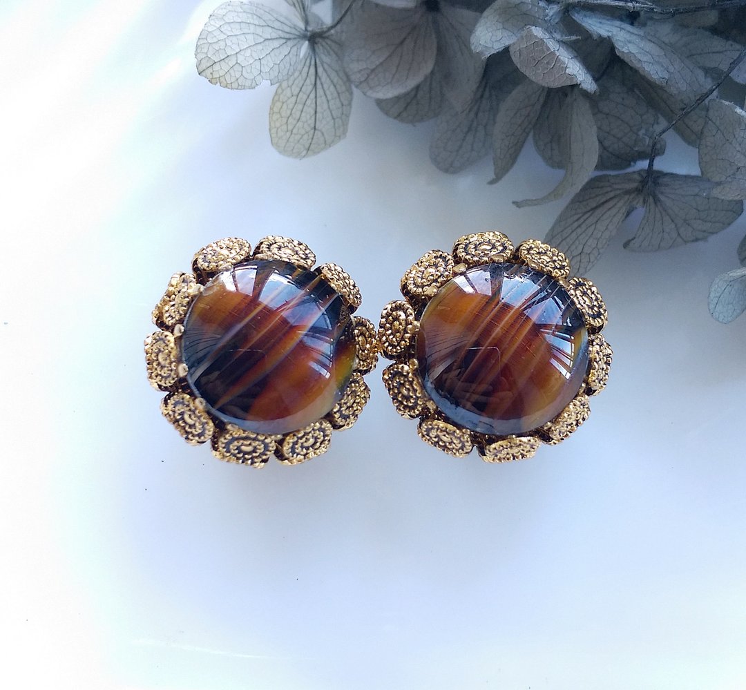 Vintage Jewelry 西洋古董饰品 西德制  蕾丝圈圈 夹式耳环 - 耳环/耳夹 - 其他金属 金色
