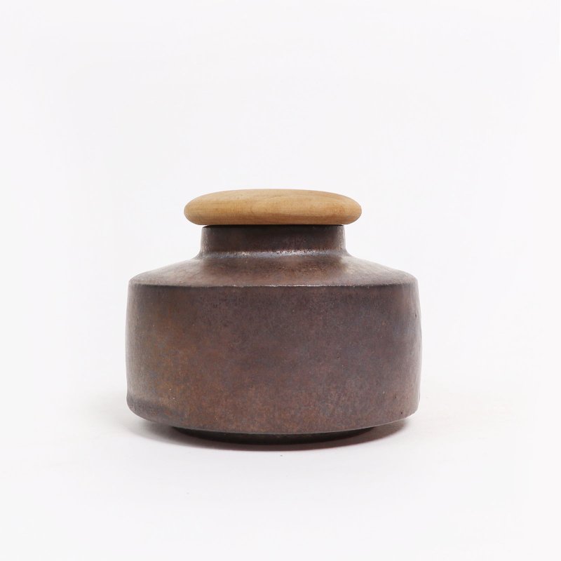 明芽窑 l 柴烧古铜金茶罐(含木盖) 陶罐 罐子 H5 - 茶具/茶杯 - 陶 咖啡色