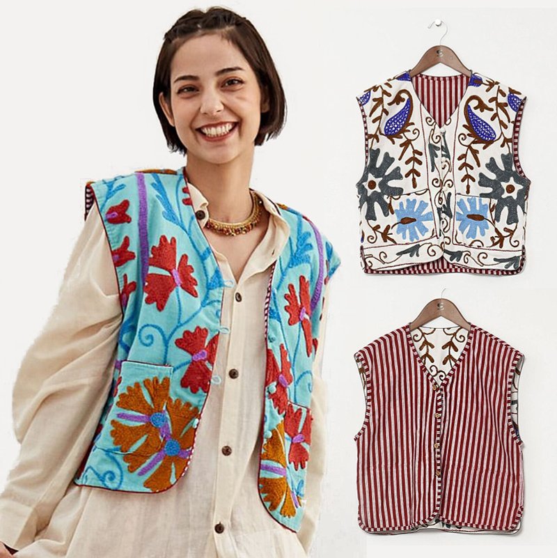 【热门预购】重工2WAY双面苏札尼刺绣双面艺术背心ISS-5101不挑色 - 女装背心 - 棉．麻 