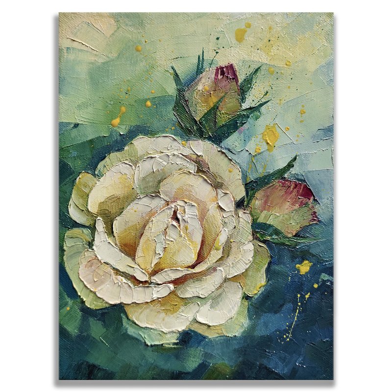 玫瑰画 手绘花 手绘原画 因帕斯托 油画 墙面装饰 白玫瑰图案 - 海报/装饰画/版画 - 其他材质 绿色