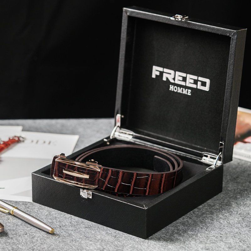 【FREED】仿蛇纹金属边方形扣头商务休闲头层自动牛皮皮带 - 咖啡 - 皮带/腰带 - 真皮 咖啡色