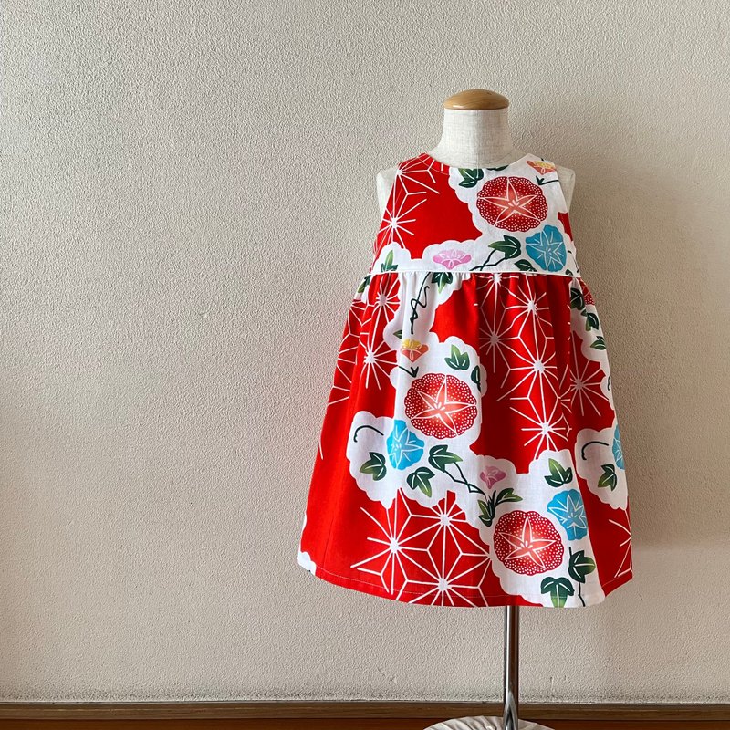 儿童浴衣布料简约喇叭裙，染麻叶牵牛花，红色底色，尺寸 80-130，可订制 - 童装裙 - 棉．麻 红色