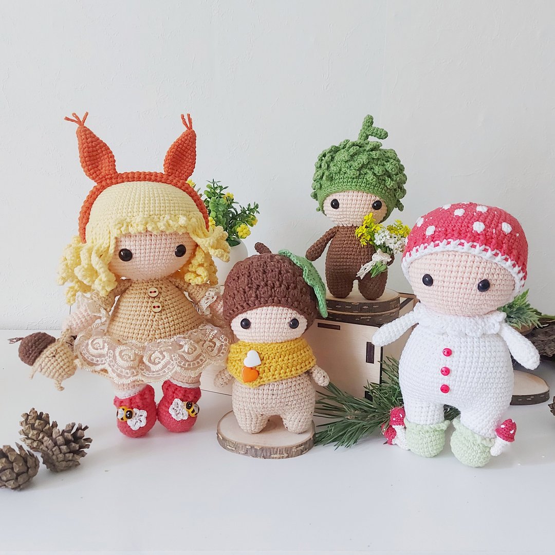 4 in 1: Crochet patterns - Doll with squirrel hairband, Acorn, chestnut - 编织/刺绣/羊毛毡/裁缝 - 绣线 