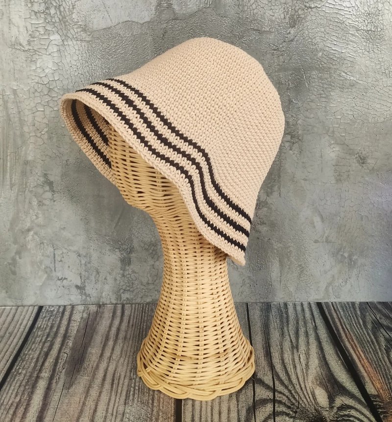 水洗绳编织渔夫帽，米色与黑色滚边的渔夫帽 - 帽子 - 棉．麻 