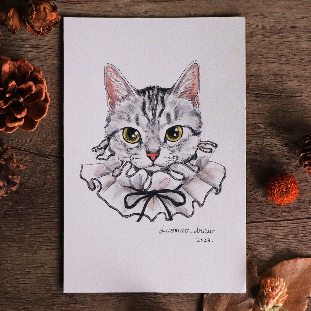 水彩插画原画稿 猫咪头像 4X6 6寸 0005 银虎斑与拉夫领 - 海报/装饰画/版画 - 纸 
