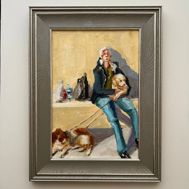 遛狗者油画半抽象当代裱框艺术品画布图 - 墙贴/壁贴 - 棉．麻 卡其色