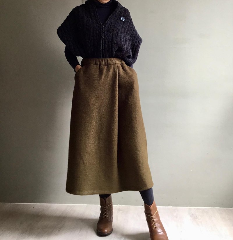 如诗/似一片裙/保暖芥末绿圈毛毛料中长裙/只有一件 - 裙子 - 羊毛 