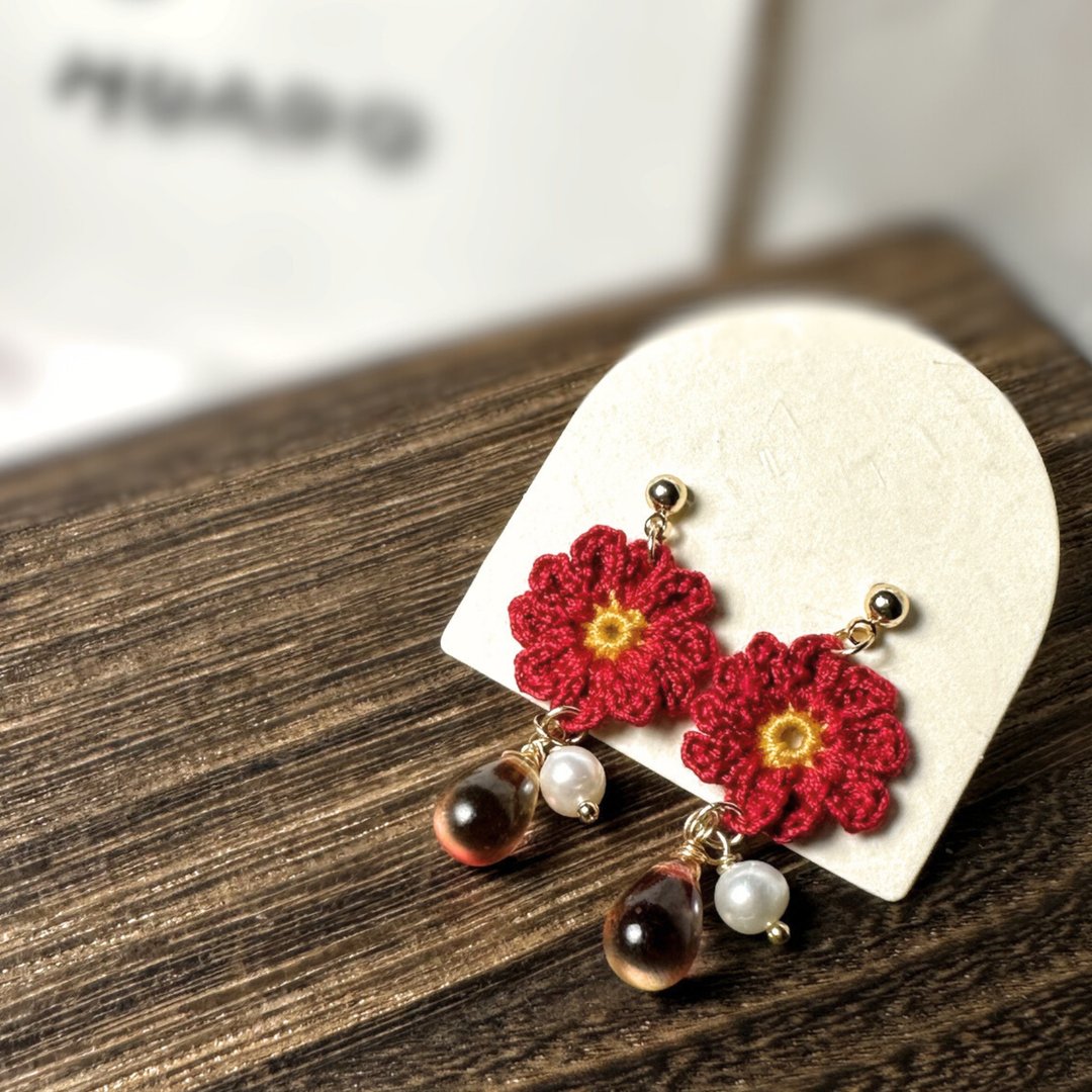 暮色玫影 耳环 耳针 耳夹 雏菊 钩针 微钩 花朵 花 - 耳环/耳夹 - 棉 红色