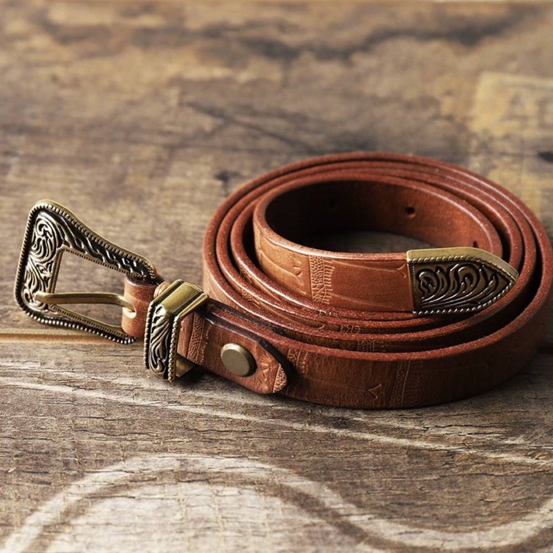 细皮带金属三件套窄腰带 女士头层牛皮腰带 - 皮带/腰带 - 真皮 咖啡色