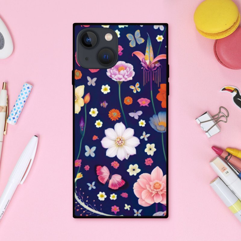 北欧缤纷鲜艳的花卉图案与神秘飞舞的蝴蝶 方形手机壳【强化玻璃处理】iPhone16 适用 - 手机壳/手机套 - 塑料 多色