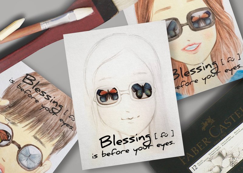 定制化似颜绘明信片-福在眼前系列 - 订制画像 - 纸 蓝色