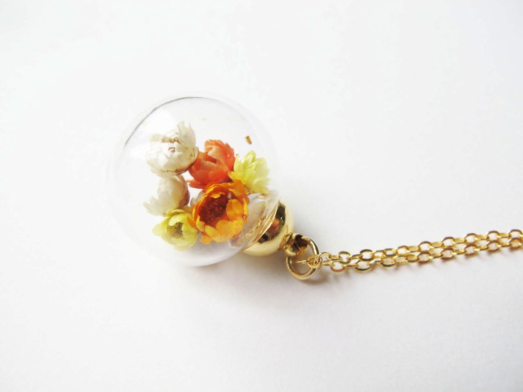 ＊Rosy Garden＊阳光橘黄色系小雏菊干燥花水晶玻璃球项链 - 颈链 - 玻璃 黄色