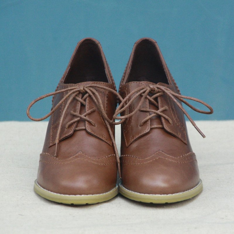 安妮陈原创复古女鞋 秋季真皮系带粗跟休闲单鞋 - 女款休闲鞋 - 真皮 咖啡色