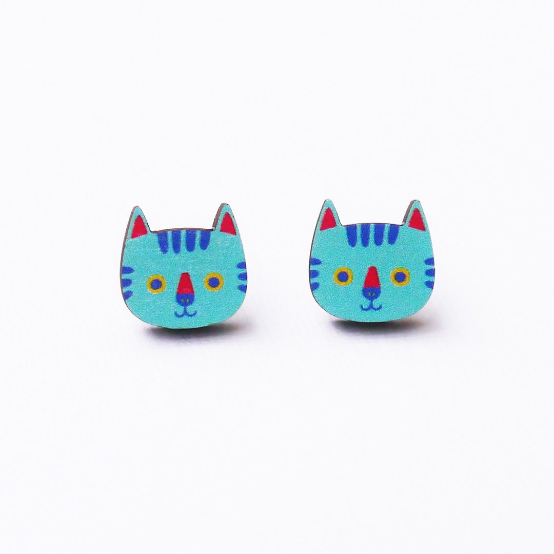 Mimi The Blue Cat 咪咪蓝色小猫木制耳环 原创插画 耳针耳夹 - 耳环/耳夹 - 木头 蓝色
