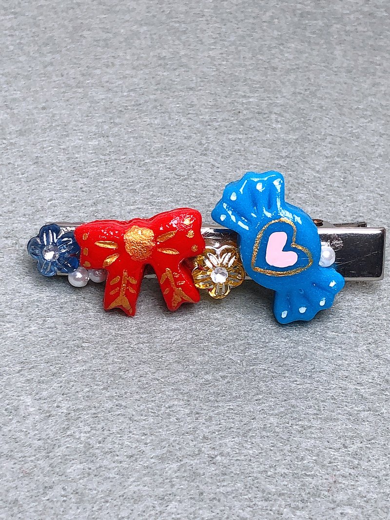 蝴蝶结 糖果 手作黏土发夹 手绘捏制 304不锈钢鸭嘴夹-大尺寸 - 发饰 - 粘土 红色