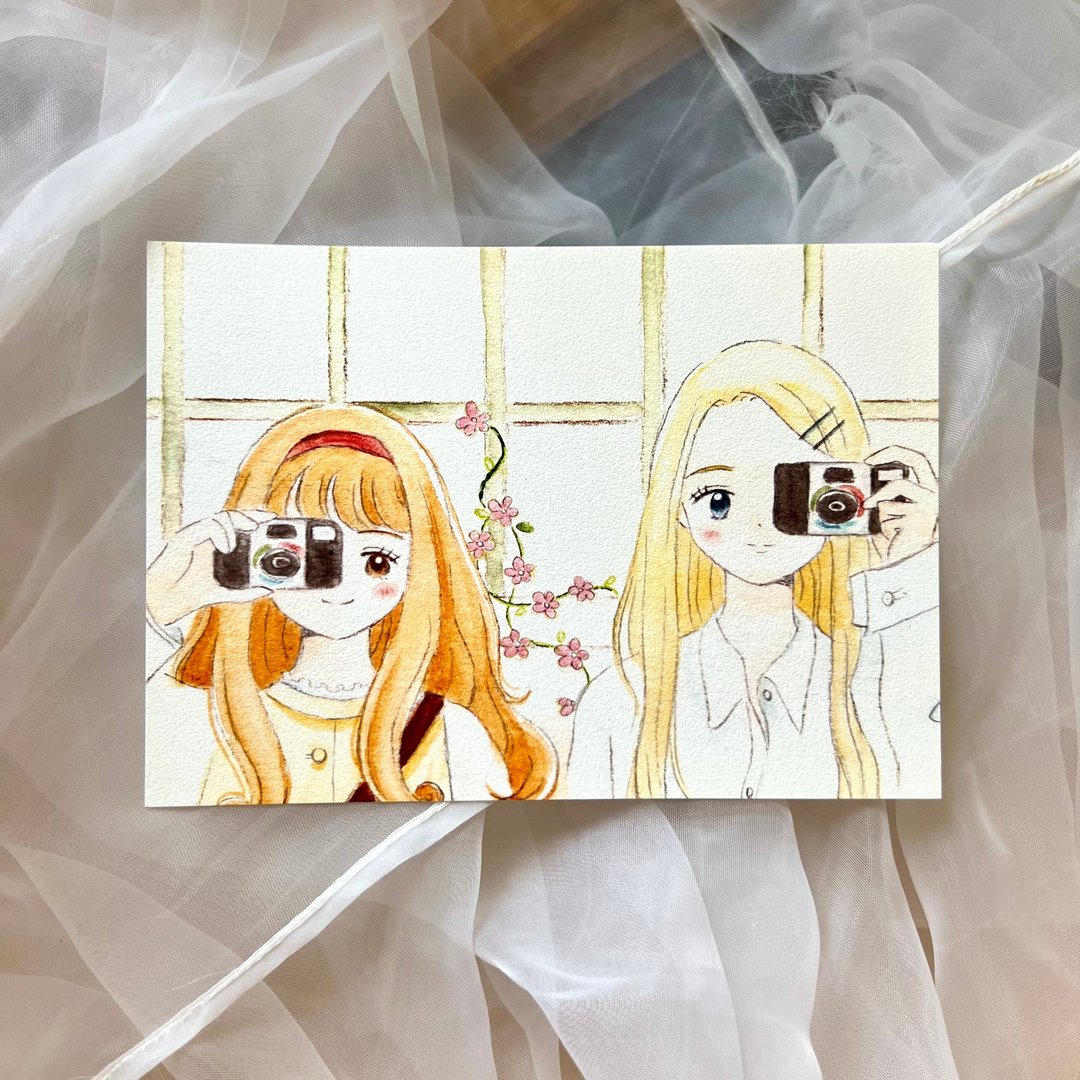 明信片 - 相机女孩 - 卡片/明信片 - 纸 黄色