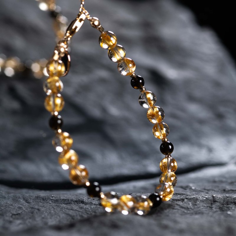 金钛晶黑曜石手链 | 招财水晶金发晶 天然水晶定制化礼物手链 - 手链/手环 - 半宝石 金色