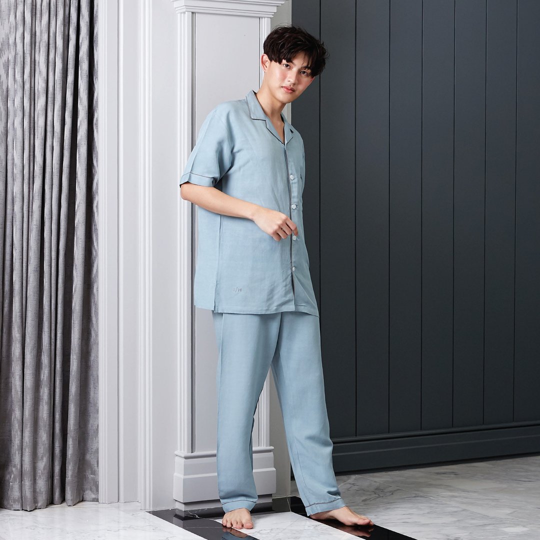 Linen Pajamas Short sleeve with Pants - 居家服/睡衣 - 亚麻 蓝色
