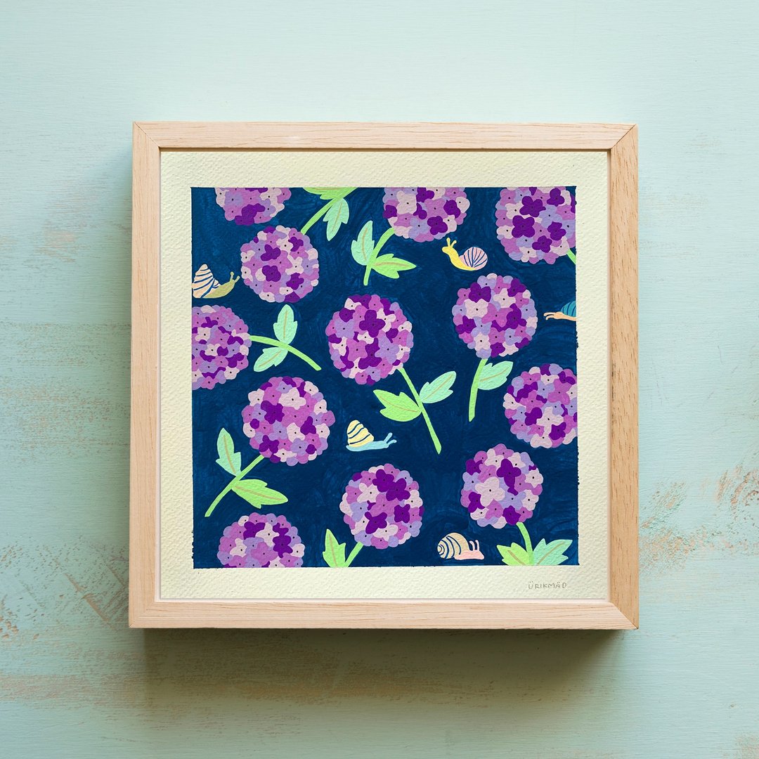 Original Painting // Snails and Flowers // Maze of Hydrangea - 海报/装饰画/版画 - 纸 紫色