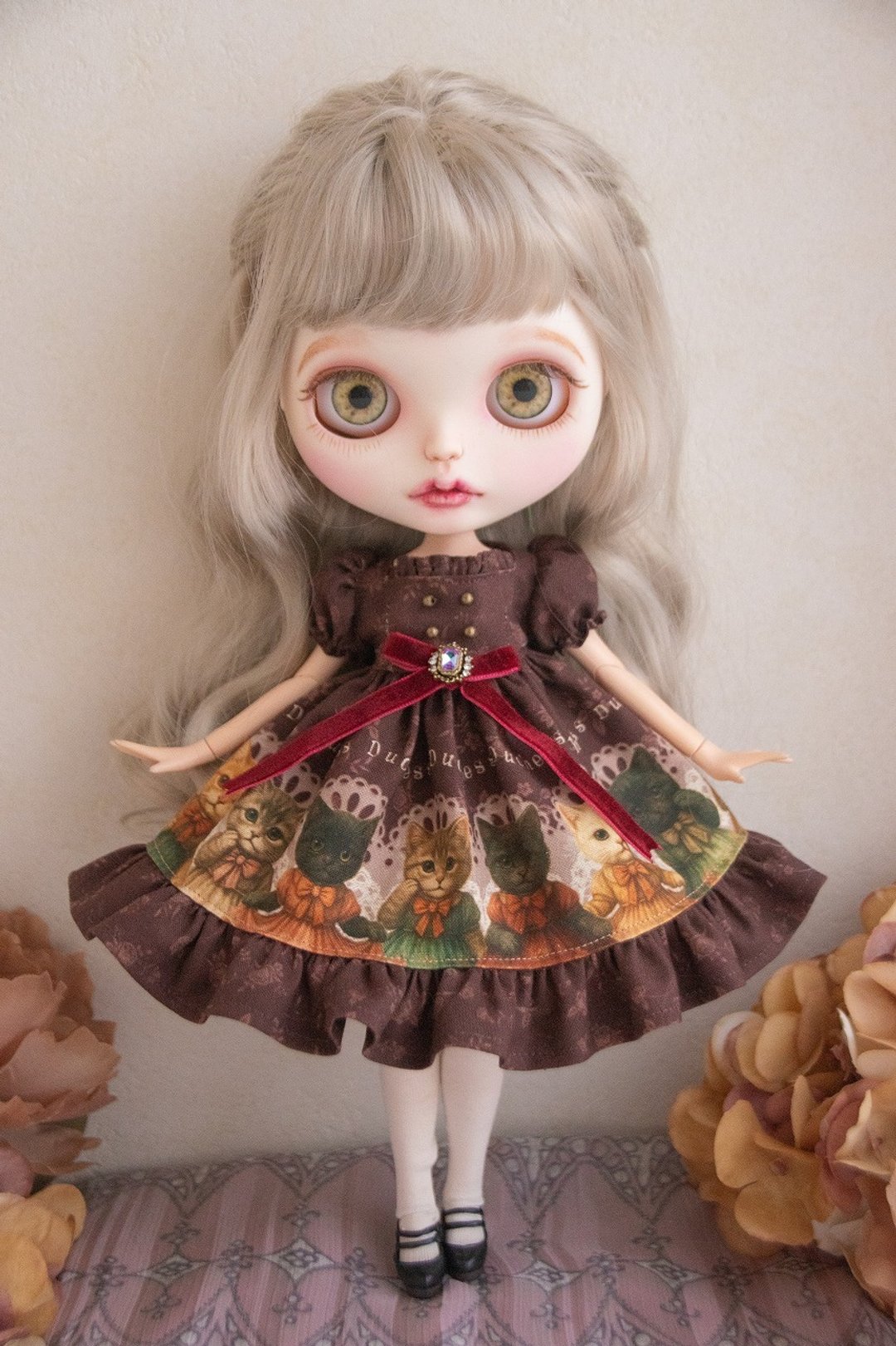 Blythe 服饰 洋装 连身裙 古董猫连身裙 酒红色 - 其他 - 棉 红色