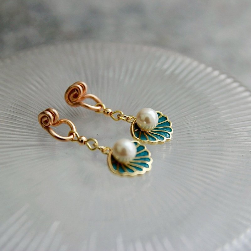 无痛耳夹/珍珠贝壳耳环 - 耳环/耳夹 - 贝壳 蓝色