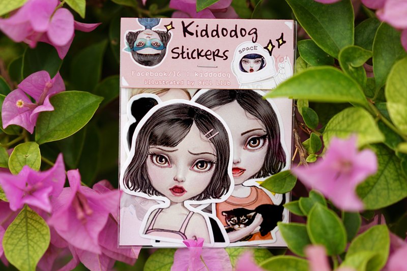 Kiddodog sticker pack - Set of 6 - Sweet girl Character - Cute stickers - Pink - Love - Couple - Moon - Panda - Cat - Terminator - Night - child. - 贴纸 - 纸 