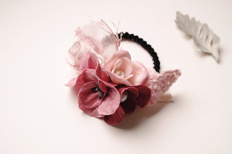 秋冬系列 手工 麻布花 秋红色 珍珠 发圈 发束 发饰 丝带 HA0217 - 发饰 - 棉．麻 红色