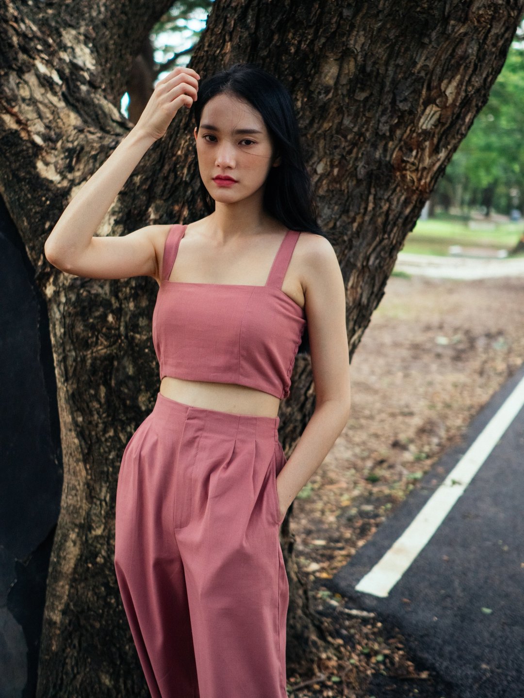 (SIZE M) ROSE PINK COTTON LINEN CAMI CROP TOP WITH BAND STRAP AND BACK SMOCKING - 女装上衣 - 棉 粉红色
