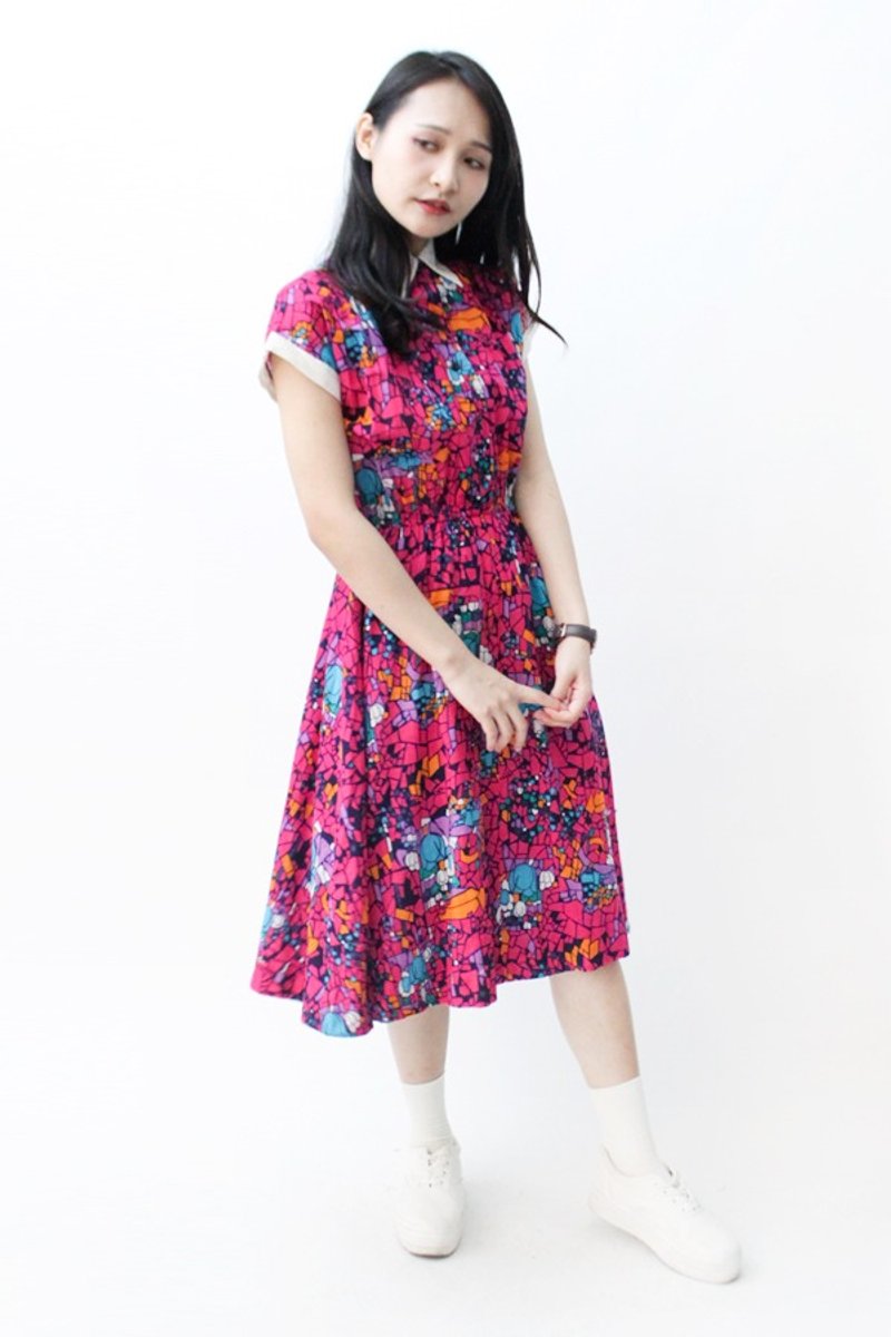 【RE0831D876】早秋桃红色艺术方块落肩古着洋装 - 洋装/连衣裙 - 棉．麻 粉红色