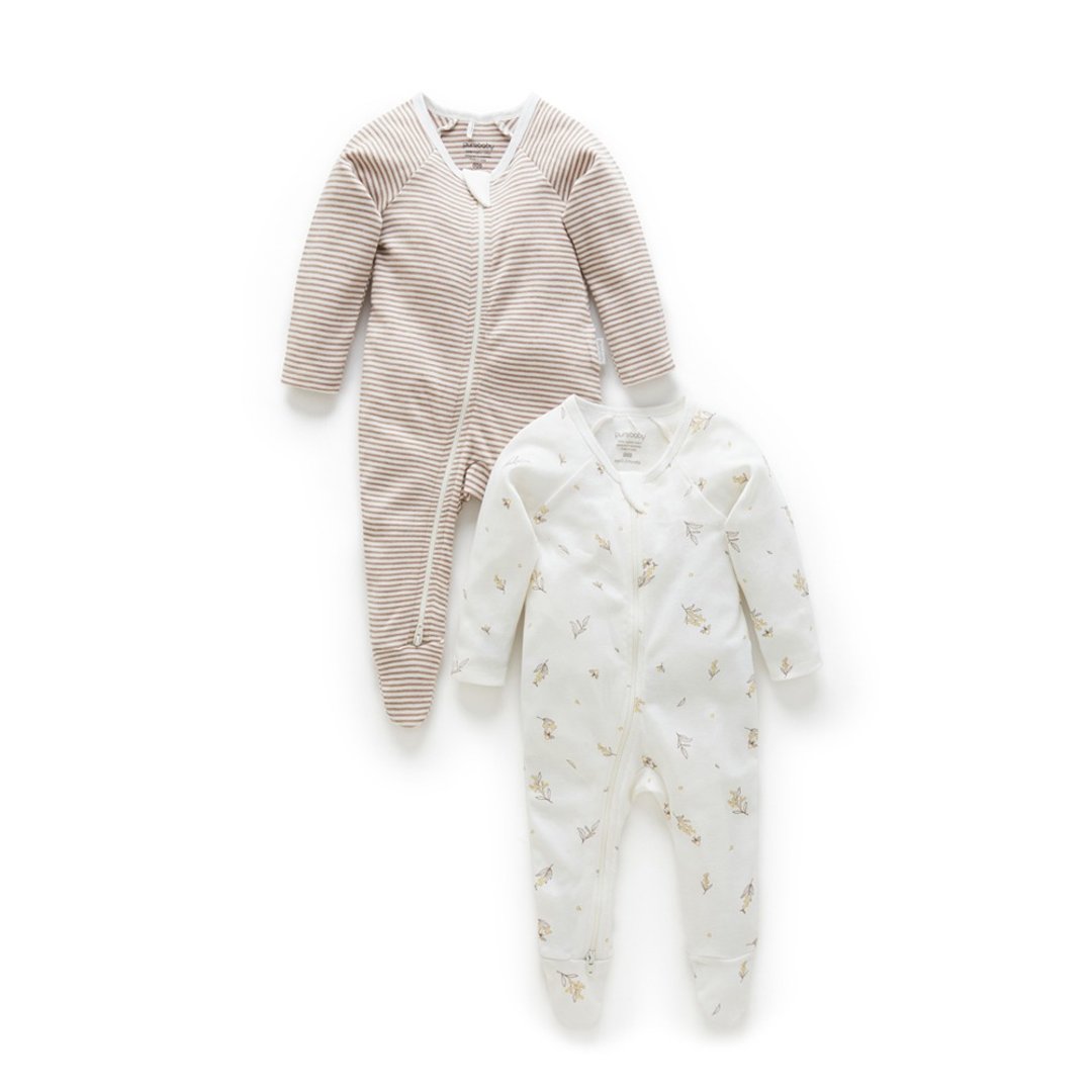 澳洲Purebaby有机棉婴儿包脚连身衣/新生儿包屁衣 2件组 咖啡条纹 - 包屁衣/连体衣 - 棉 