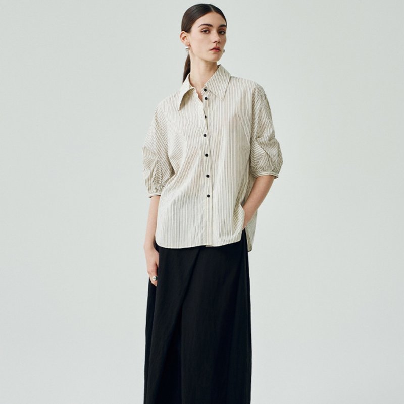 【条纹七分袖】法式簡約/通勤亚麻/花苞袖衬衫 - 女装衬衫 - 棉．麻 白色