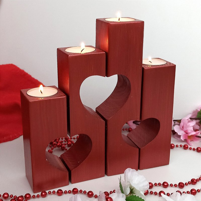Heart Candle Holder Valentine's Day Decor - 蜡烛/烛台 - 木头 红色